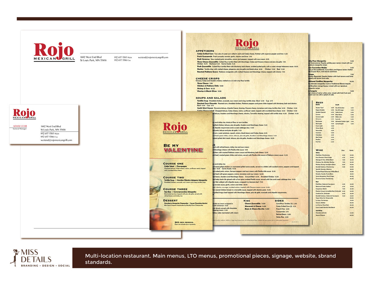 rojo mexican grill branding and menu design